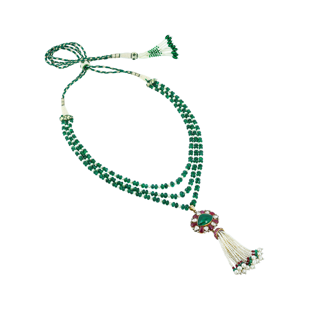 Tri-Layered Emerald and Pearl Necklace with Tassel Pendant